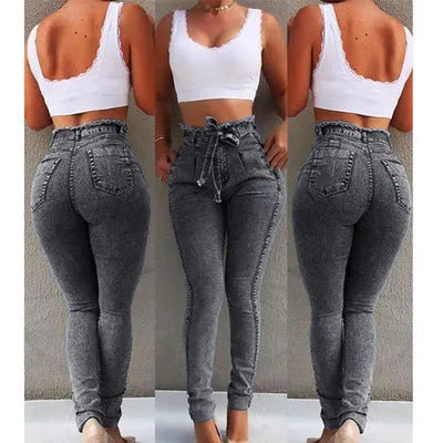 Grey fringed straight-leg jeans made from Cowboy fabric on a size chart showing S to 5XL.