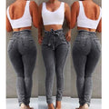 Grey fringed straight-leg jeans made from Cowboy fabric on a size chart showing S to 5XL.