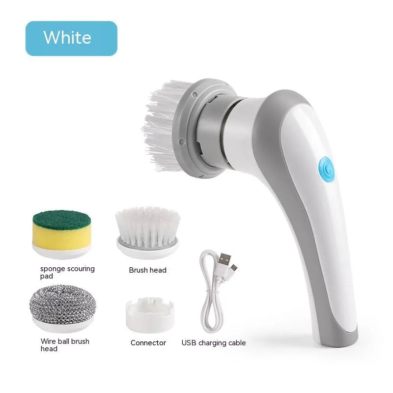 White cordless electric cleaning brush with multiple brush heads on a cleaning surface