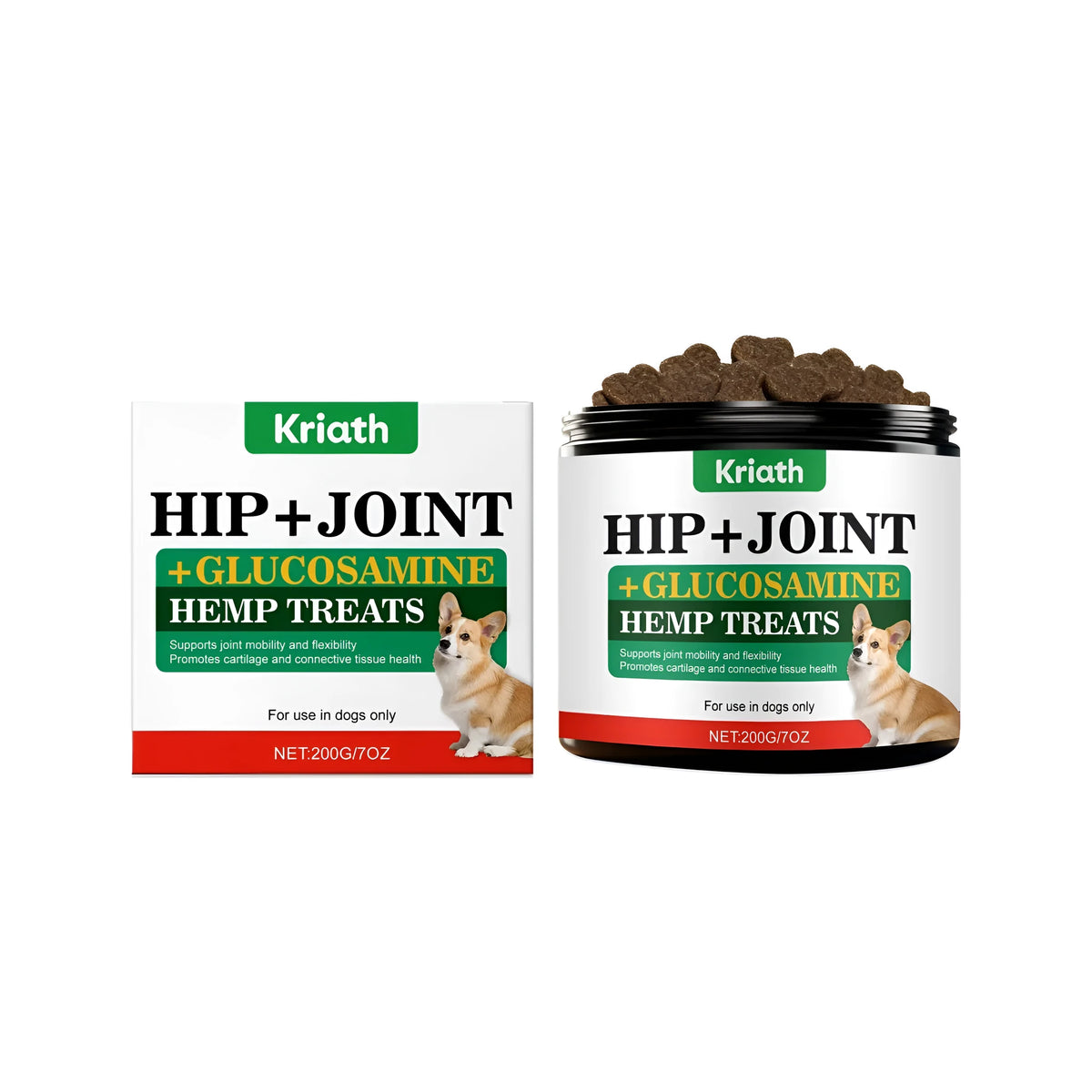 200g tub of dog joint supporting soft granules with glucosamine, chondroitin, MSM, and mussel extract.