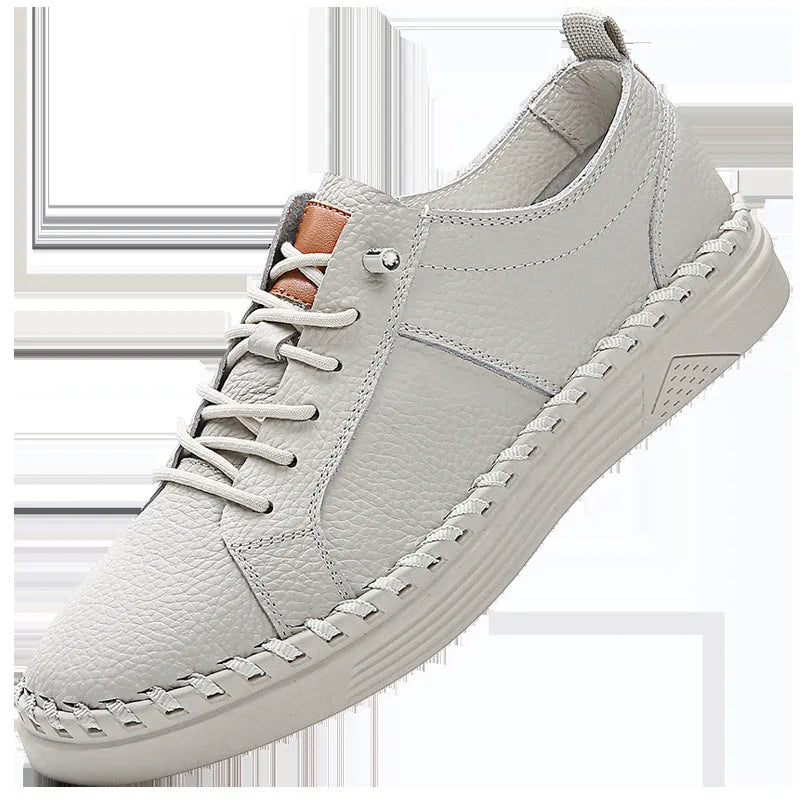 Men's beige cowhide casual sneakers with round toe and stitching details