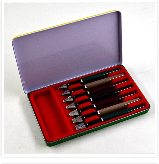 Right Point 7-piece calligraphy pen set with stainless steel nibs in widths from 2MM to 11MM and black ink