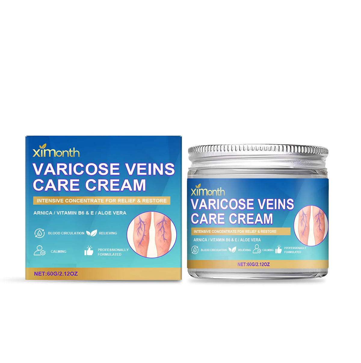 Varicose veins care cream 60g with mint leaves, arnica, vitamin B6, vitamin E and aloe leaves