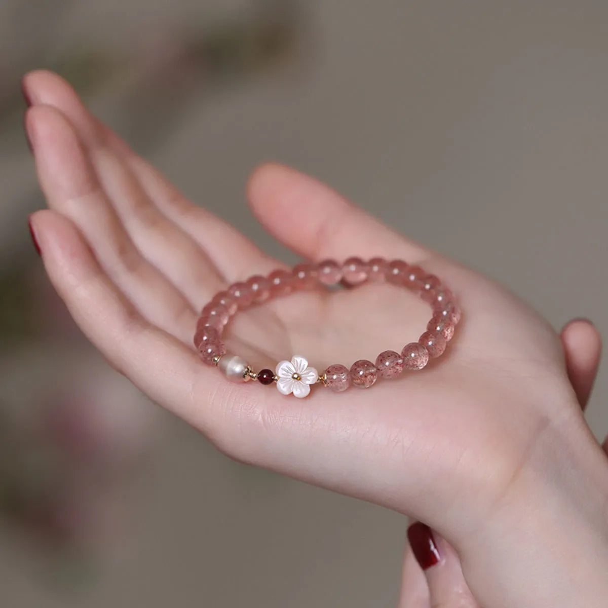 Strawberry quartz peach blossom bracelet floral design crystal jewellery for women