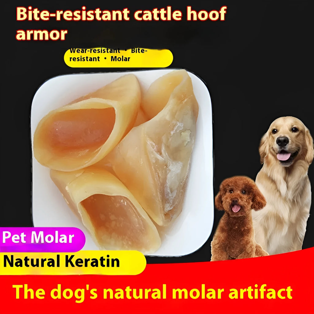 Natural cowhide dog chew grinding rod in hoof shell colour, shown in small and large sizes.