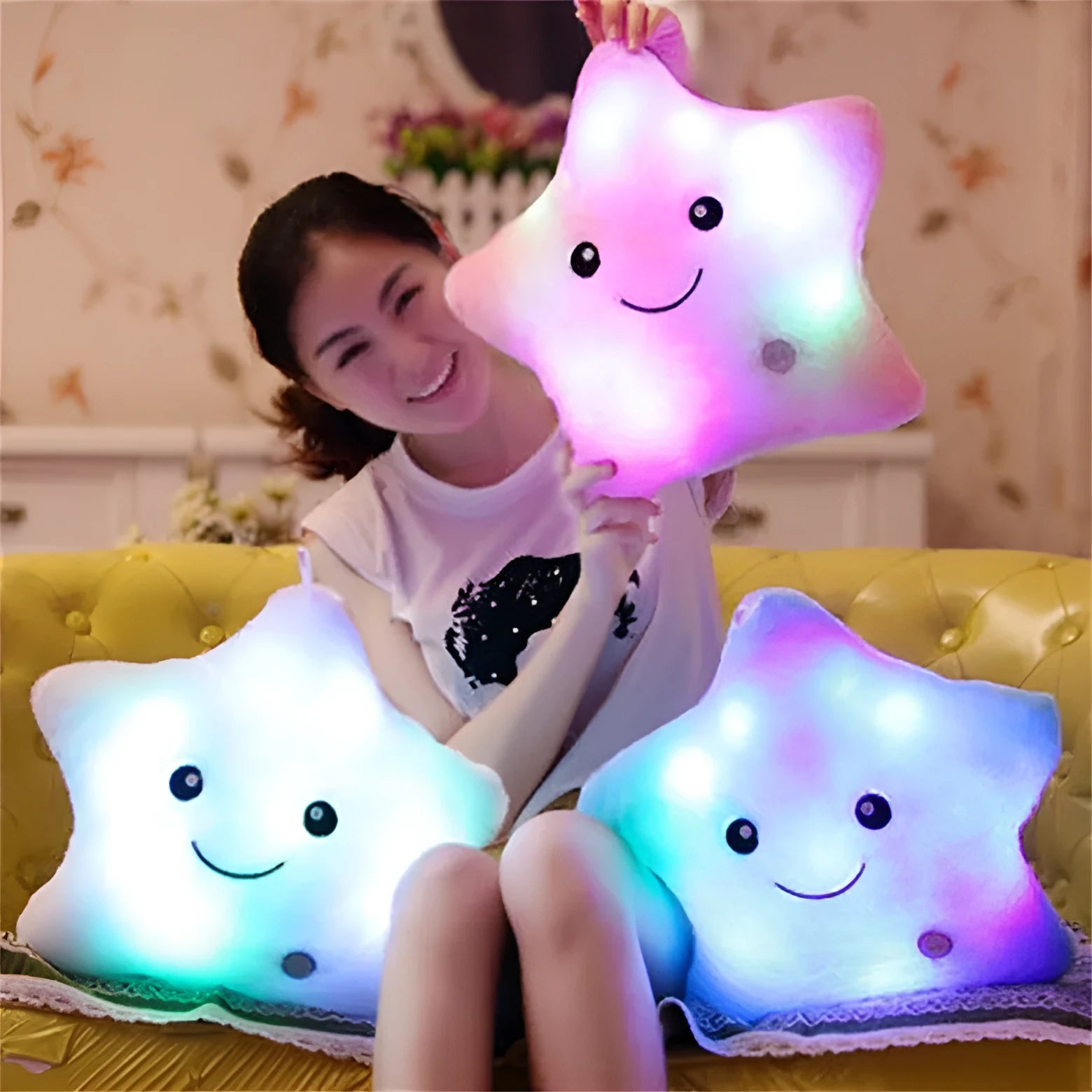Glowing five-pointed star plush pillow in various colours for bedroom decoration