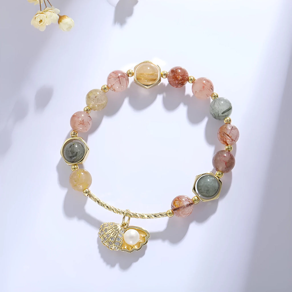 Women's colourful hair crystal shell bracelet with red sealant flower detailing and electroplated finish