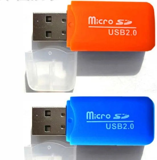 Mini USB card reader and SD adapter for TF and microSD memory cards.