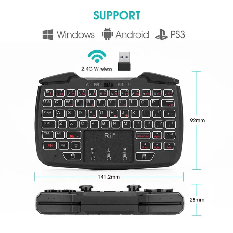Black wireless mini keyboard with USB interface and ergonomic support