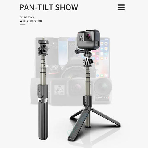 Adjustable aluminium tripod selfie stick for Apple iPhones showing extended and collapsed positions