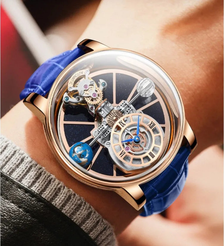 Men's hollowed-out quartz watch with round 46mm dial, real leather strap, and mineral glass on wrist