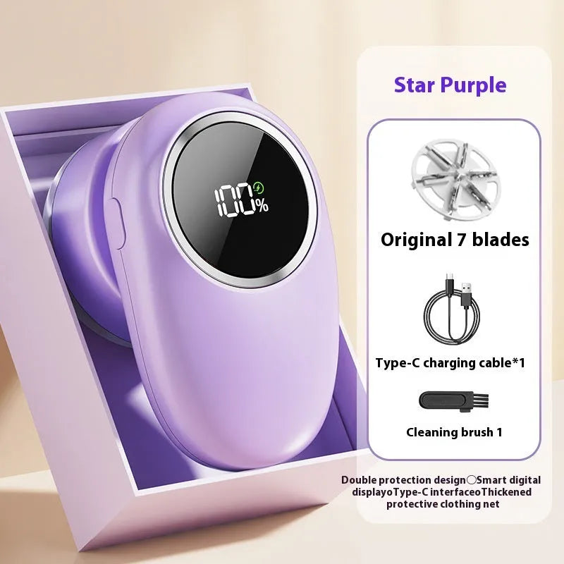 Digital fur ball trimmer with multiple cutter heads in purple or beige colour options