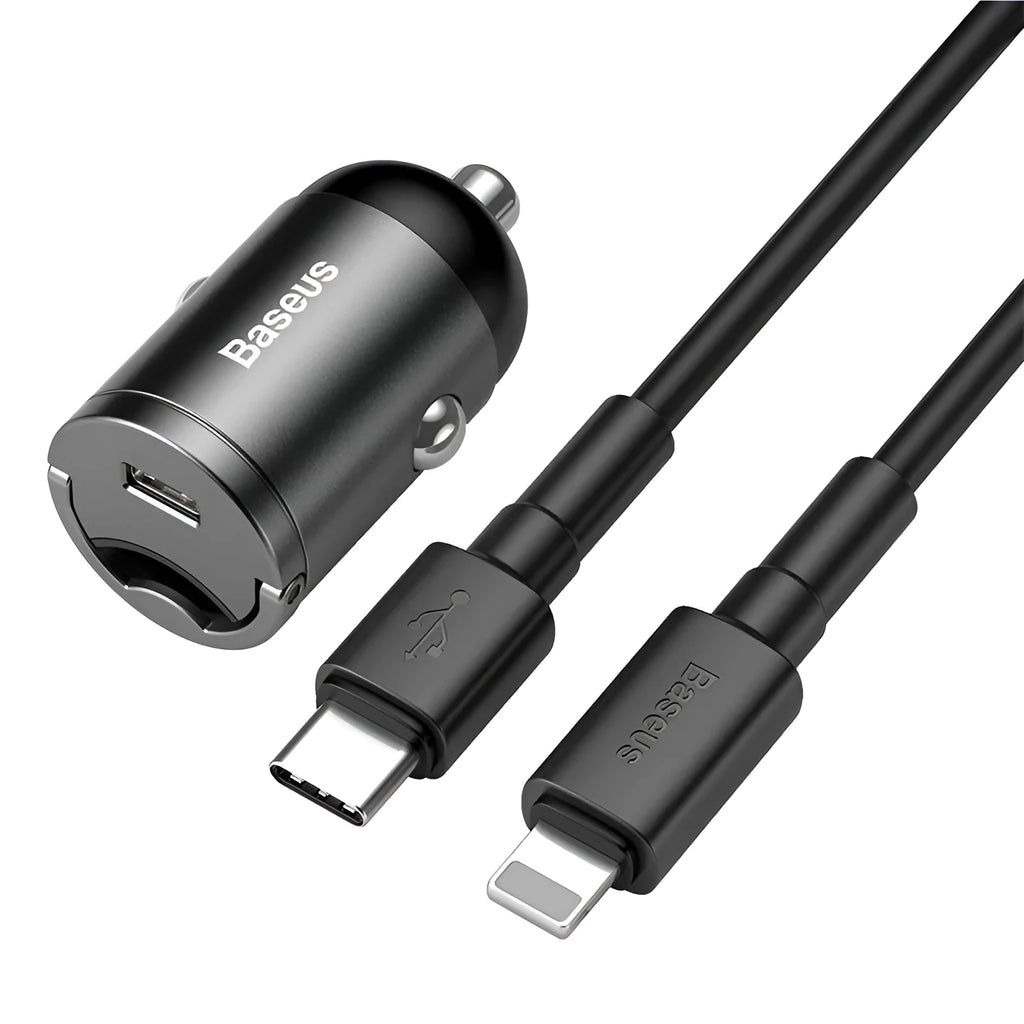 Baseus electro-optical grey 30W PPS fast-charge USB car charger with one-metre cable.