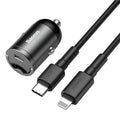 Baseus electro-optical grey 30W PPS fast-charge USB car charger with one-metre cable.