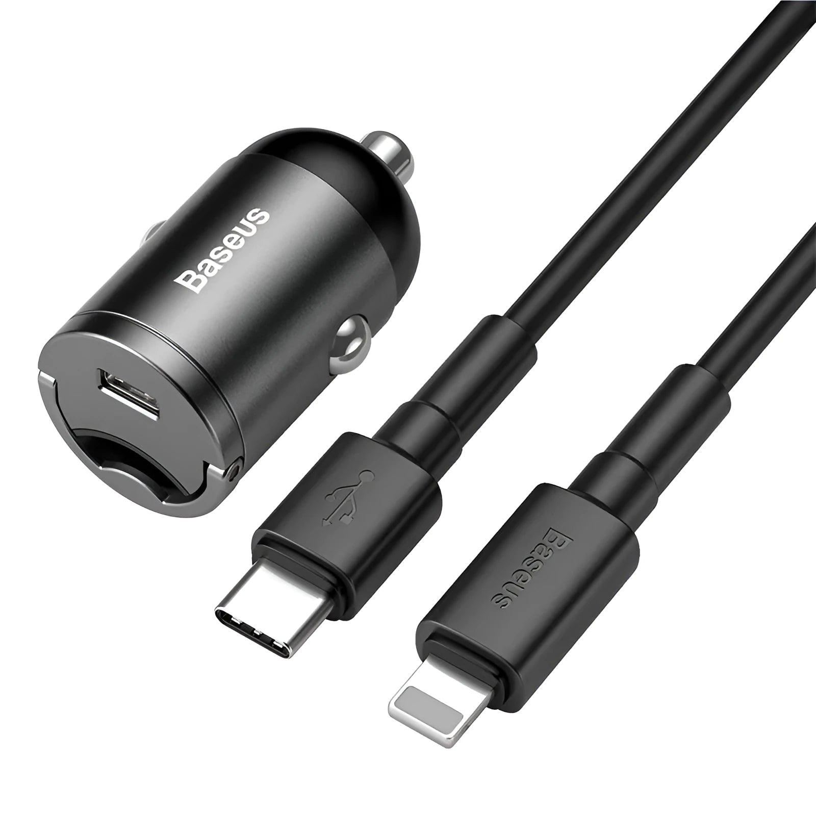 Baseus electro-optical grey 30W PPS fast-charge USB car charger with one-metre cable.