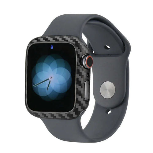 Black carbon fibre leather case for 44mm Apple Watch 4 showing ultra-thin profile