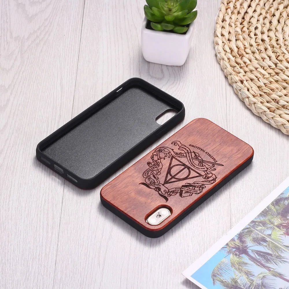 Wooden phone case with natural wood back and black TPU bumper showing iPhone compatibility