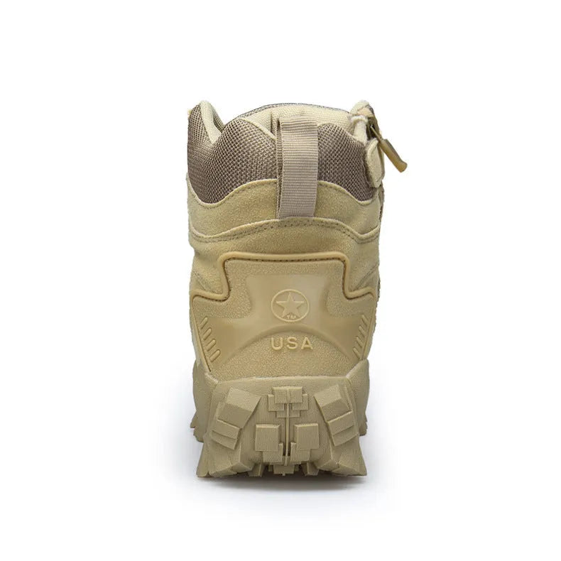 Men's black tactical hiking boots with rubber sole on outdoor terrain