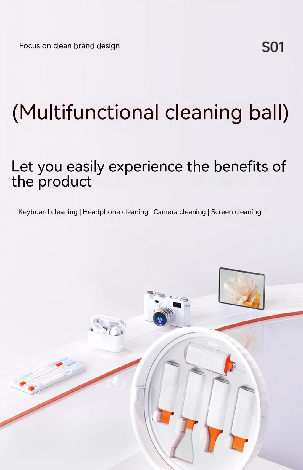 Multi functional cleaning tool set with Everything stand and 21-in-1 ball in compact 93x93x5.5mm size