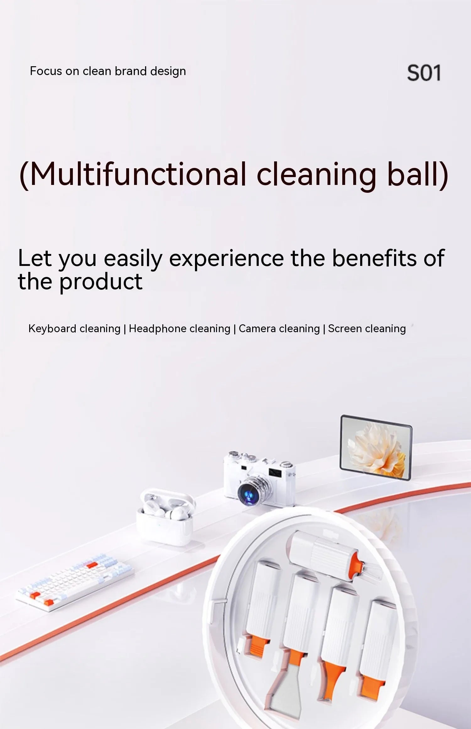 Multi functional cleaning tool set with Everything stand and 21-in-1 ball in compact 93x93x5.5mm size