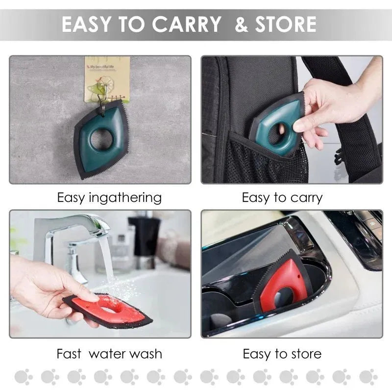 Silicone pet hair remover brush tool for carpet sofa and car seat cleaning in red, green, or black.