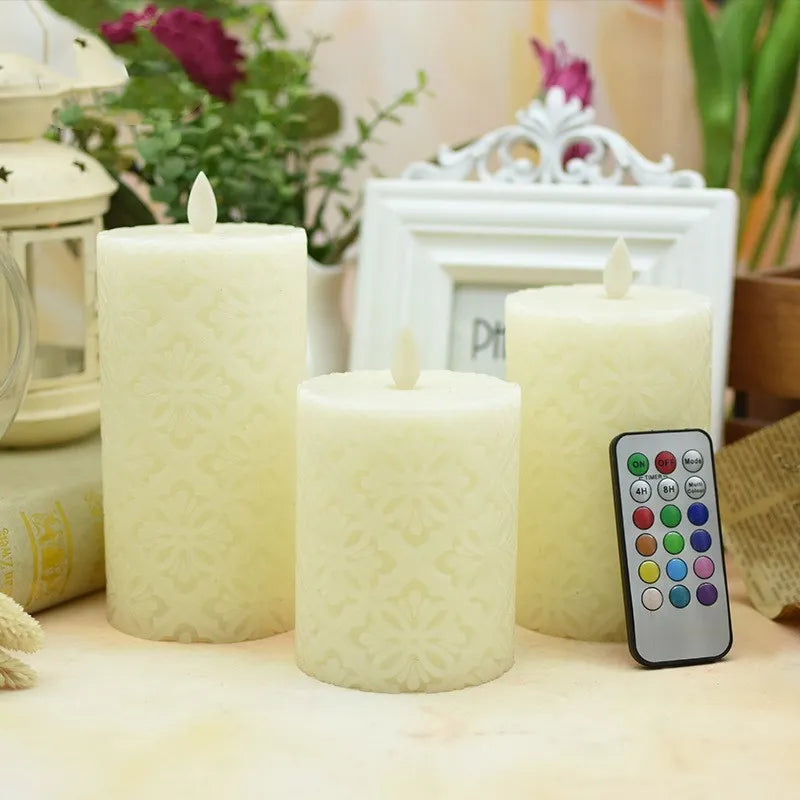 LED hollow pattern electronic candle decoration lamp, paraffin cylindrical body, 8x10cm to 8x15cm, battery operated