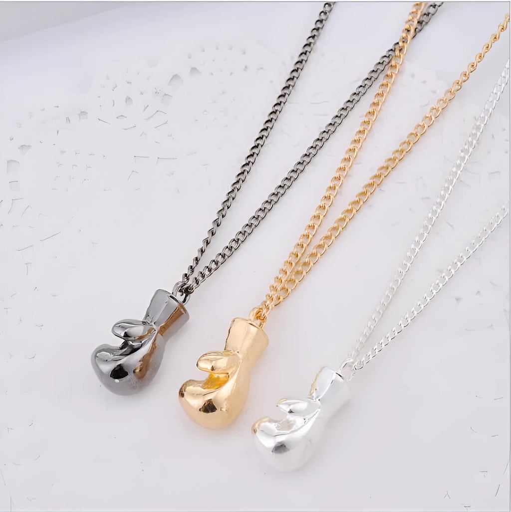Electroplated boxing gloves necklace with alloy pendant and iron chain in silver or gold