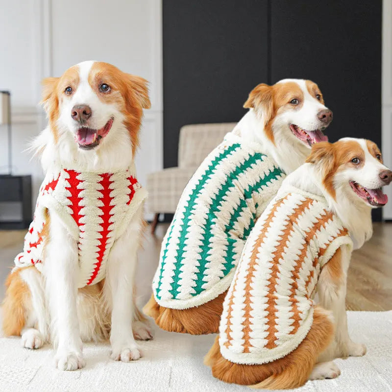 Golden Retriever wearing a red polyester fleece dog coat with casual fit