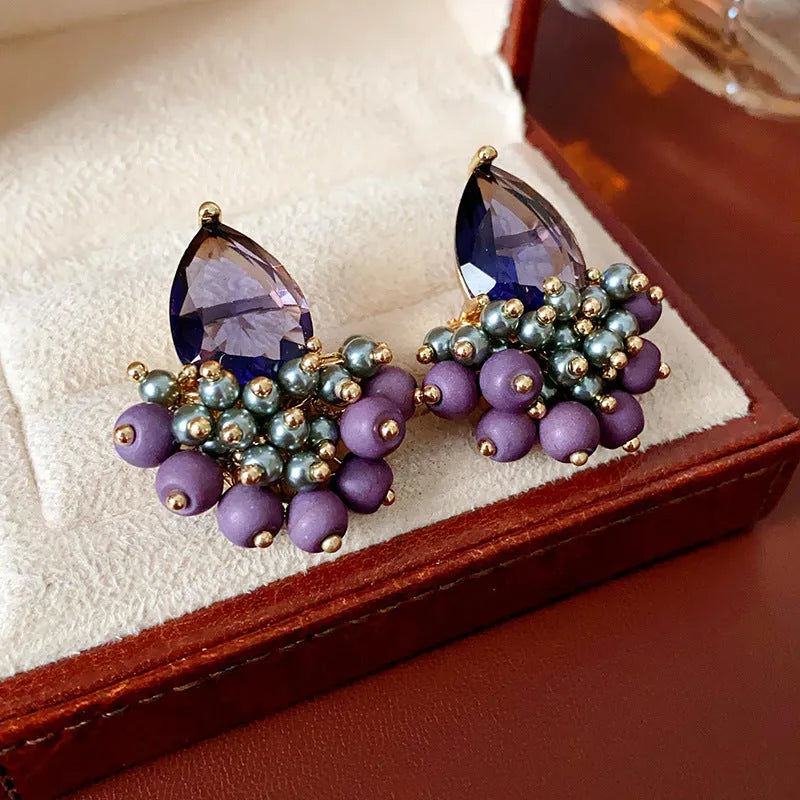 Retro purple water drop tassel earrings with silver needle alloy fitting, one pair
