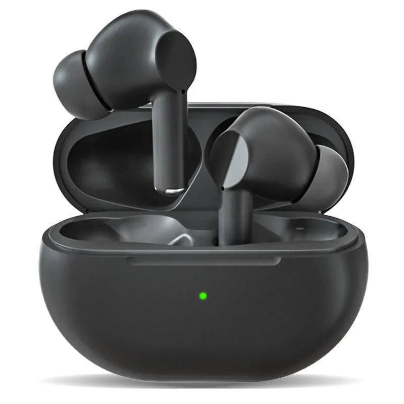 Pro4 black and white Bluetooth earpieces inside a compact grey charging case with USB cable.