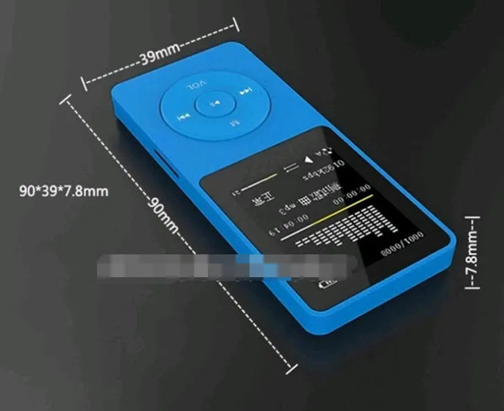 Compact MP4 player with 1.8-inch colour screen showing video playback, available in black, blue, golden, green, light blue, pink, red or white