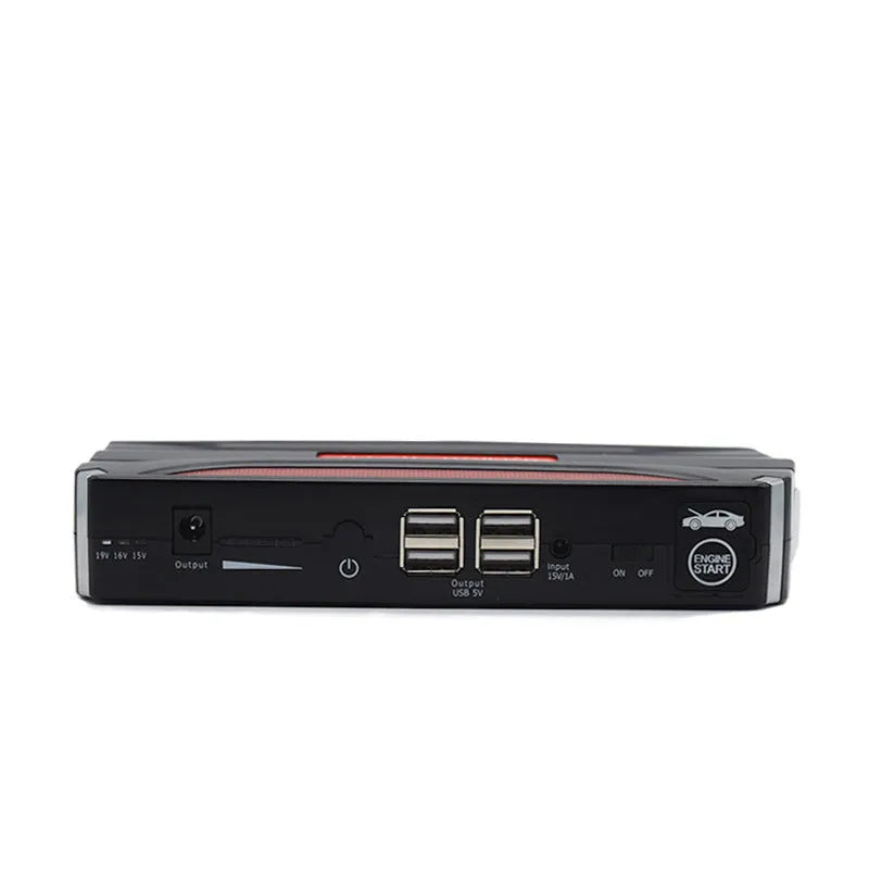 Black and red portable vehicle jump starter power bank with battery clamps.