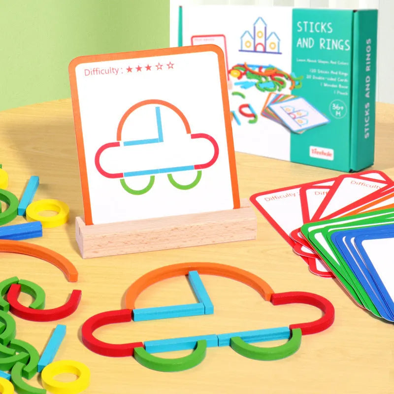 Wooden children's logical thinking puzzle board with stick and ring design, 23 x 16.8 x 3.5 cm, in colour box