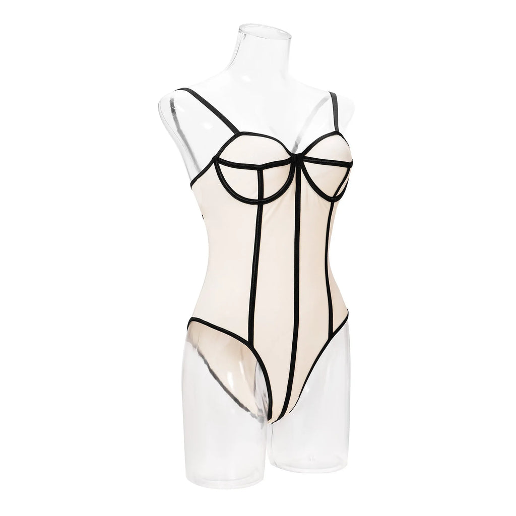 Women's sleeveless bodybuilding jumpsuit with contrast panelling and hollow-out detailing in micro-elastic polyester fabric