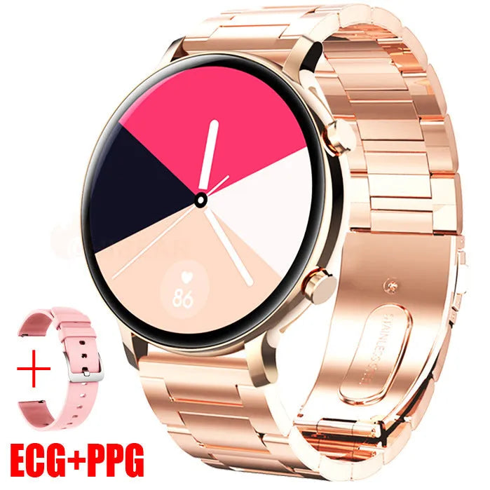 Black Bluetooth smartwatch with stainless steel strap showing call screen and heart rate monitor