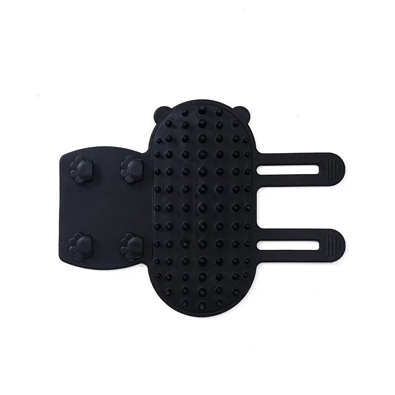 Silicone cat scratching comb with rounded teeth and adjustable strap in black, green, pink, or yellow colour.