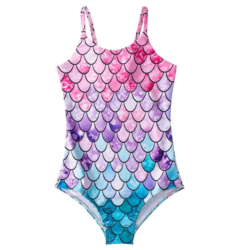 Children's mermaid style one-piece swimsuit in polyester with high elasticity, available in multiple colours and sizes 100-150cm