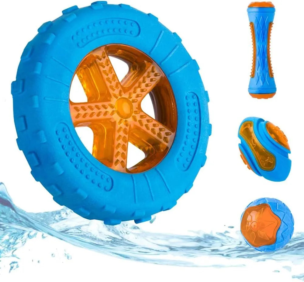 Set of three floating squeaky dog toys: a ball, barbell, and tyre on a blue background.