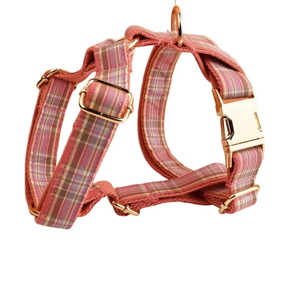 Plaid pattern dog collar and matching lead set with bandana accessory in multiple colour options