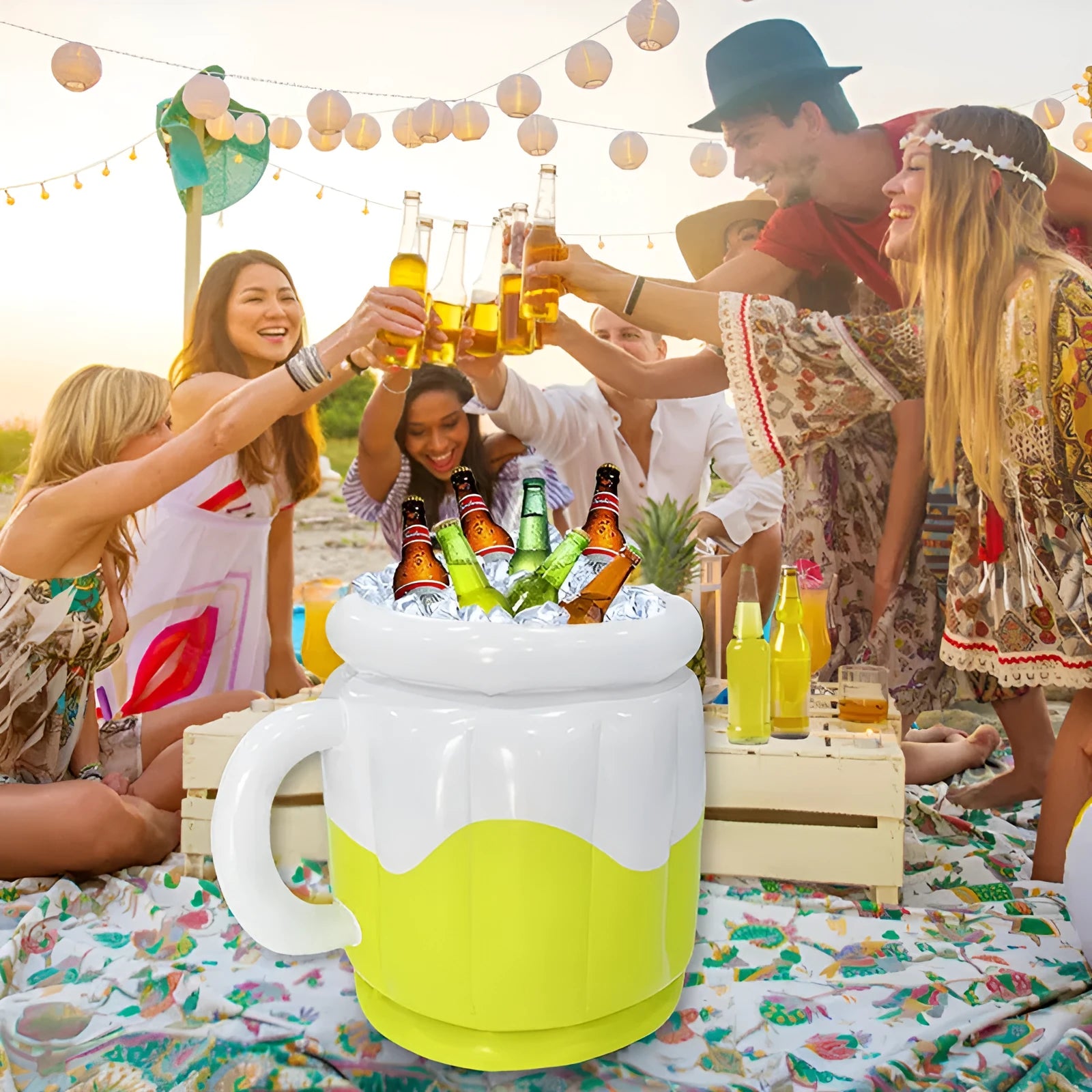 Bright yellow inflatable PVC ice bucket for outdoor beverage chilling