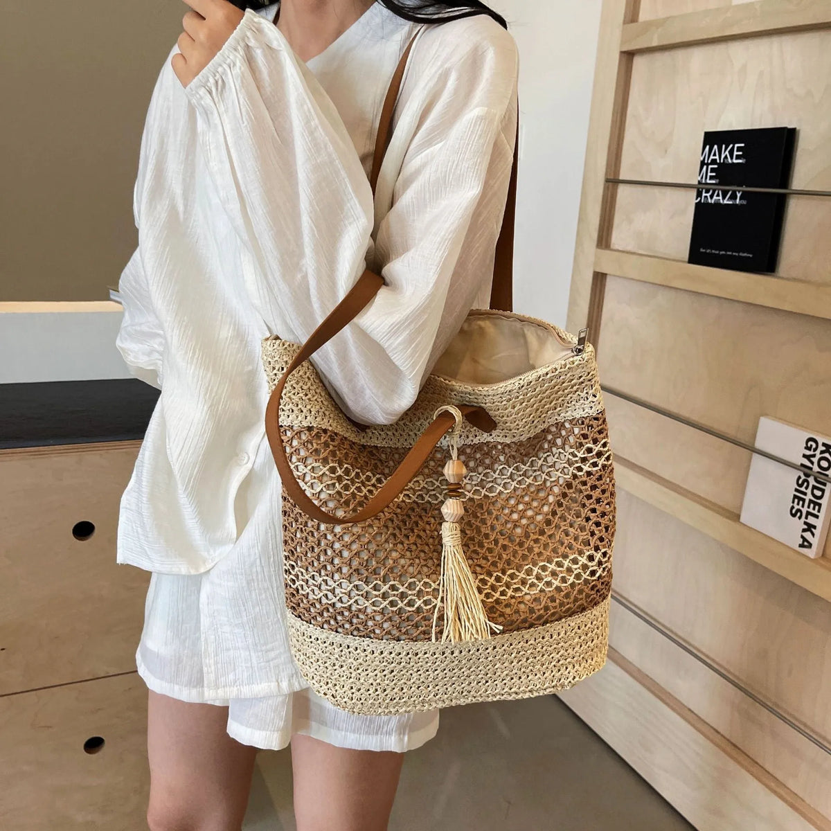 Straw shoulder bag with tassel pendant, horizontal square shape, double straps, Brown or Milky White