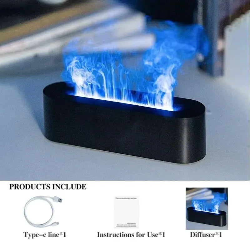 White square plastic flame aroma diffuser humidifier with LED lights and water vapour mist.