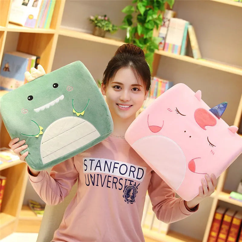 Cartoon character memory foam lumbar support cushion on a car seat, with removable inner core.