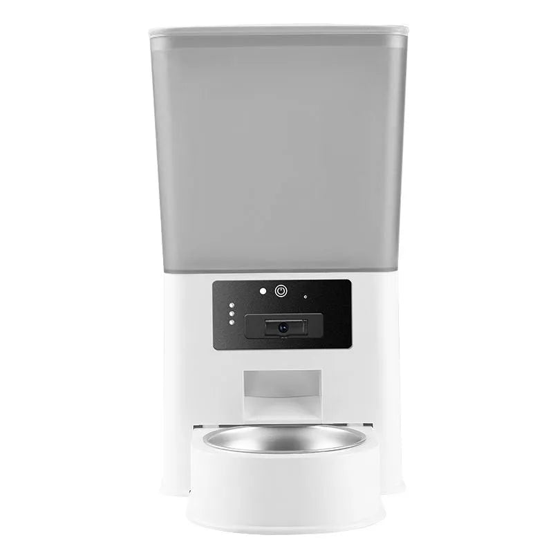 Intelligent pet feeder with stainless steel bowl, 5L capacity, for remote video monitoring and timed feeding of dogs and cats.
