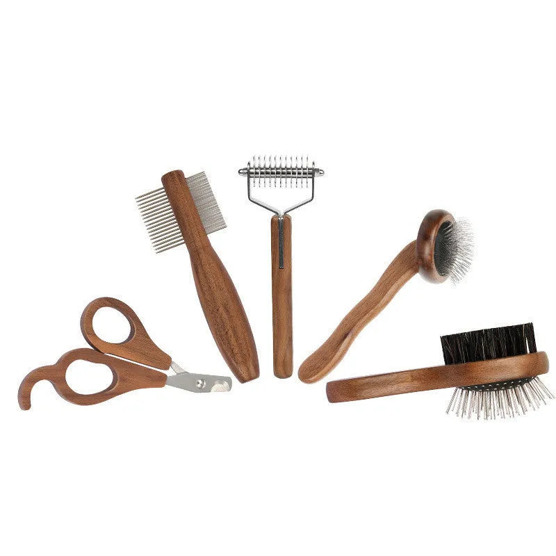 Wooden pet grooming comb set with double-sided comb, rake comb, knot comb, row comb, and nail clippers in storage bucket
