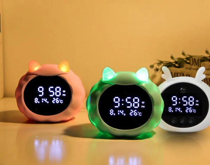 Smart alarm clock with silicone shell, luminous display, and power cord, shown in various style options.