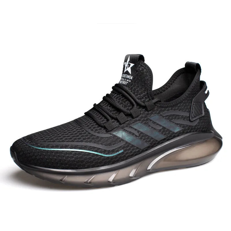 Men's breathable fly woven sports casual shoes with shock absorption, TPU sole, low heel, black colour, side view