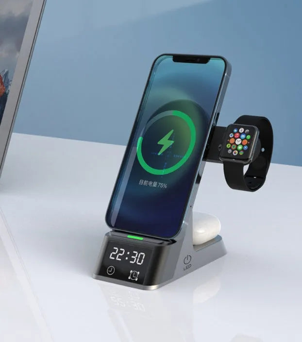 Black multifunctional alarm clock with integrated 15W wireless charging pad and LED display.