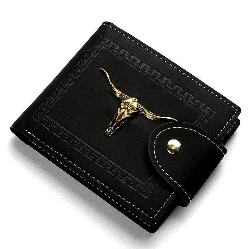Black men's short wallet with animal pattern design showing multiple card slots and zipper closure