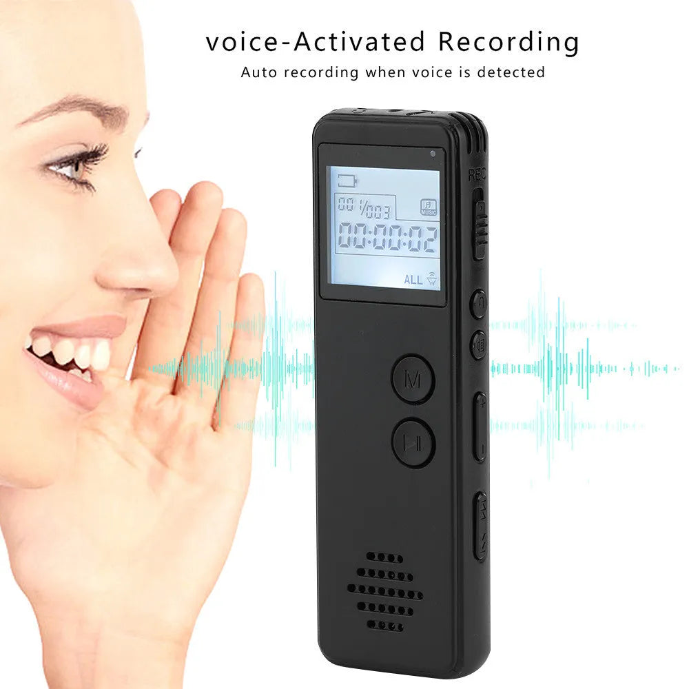 Black matte-finish MP3 digital voice recorder showing screen, recording button, and compact size of 88mm x 33mm.